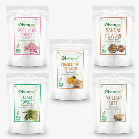 Hennahub Rose Petal, Sandalwood, Neem, Multani Mitti and Orange Peel Powder 200g each (Pack of 5) Hennahub Rose Petal, Sandalwood, Neem, Multani Mitti and Orange Peel Powder 200g each (Pack of 5)