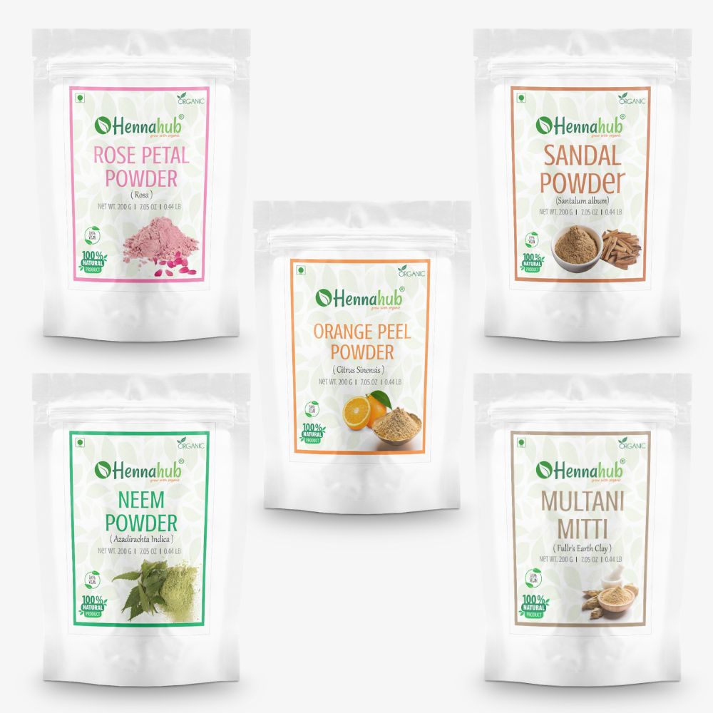 Hennahub Rose Petal, Sandalwood, Neem, Multani Mitti and Orange Peel Powder 200g each (Pack of 5)