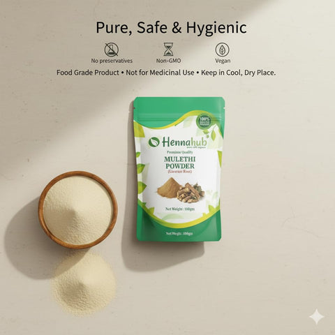 Hennahub Mulethi Powder (Food Grade) 100gm Pack | 100% Natural Licorice Root Powder | Plant-Based Ingredient for Herbal Tea & Nutrition