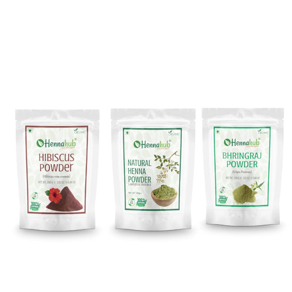 HENNAHUB HIbiscus, Henna and Bhringraj powder 200g x 3 pack | Organic Hair care Combo Pack | Total 600 gm