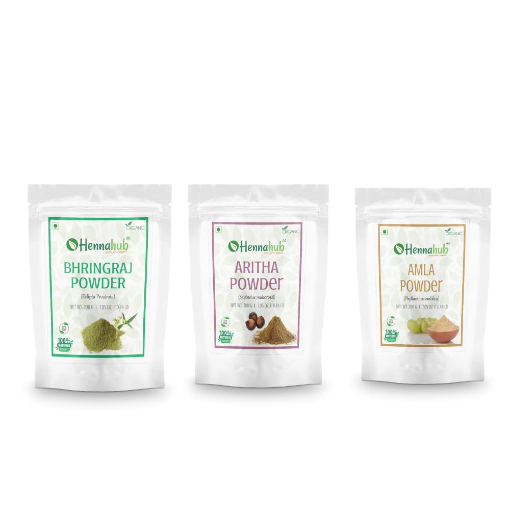 HENNAHUB Bhringraj, Amla and Aritha powder 200g x 3 pack | Organic Hair care Combo Pack | Total 600 gm