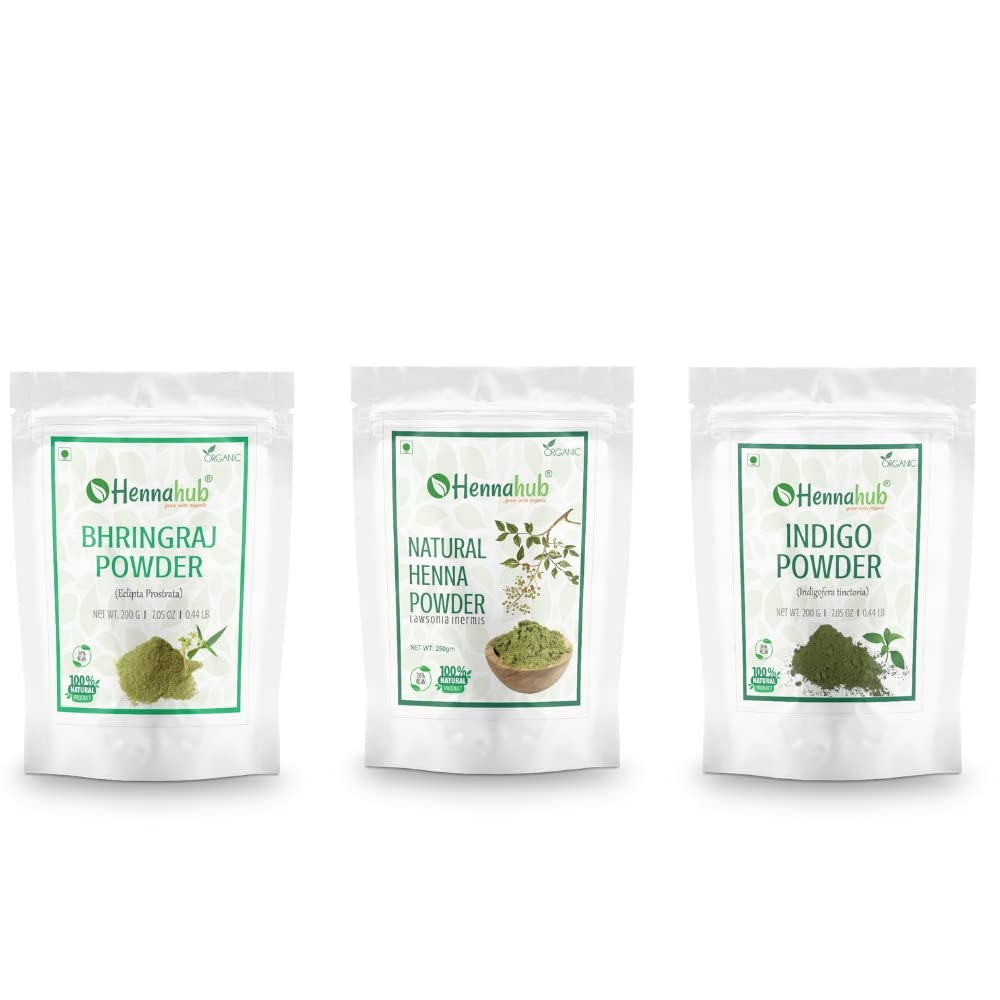 HENNAHUB Bhringraj, Henna and Indigo powder 200g x 3 pack | Organic Hair care Combo Pack | Total 600 gm