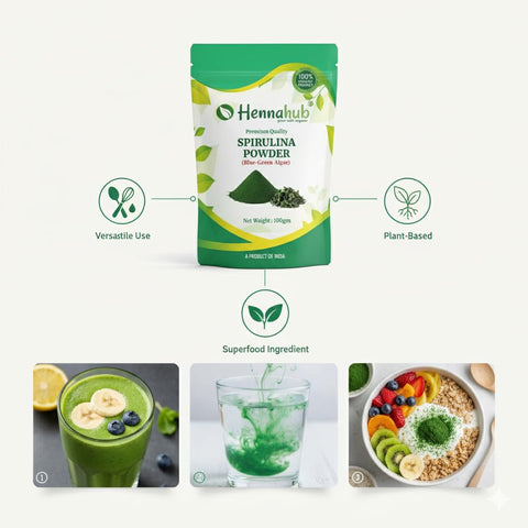 Hennahub Spirulina Powder (Food Grade) 100gm Pack  | Blue-Green Algae Superfood | Vegan Protein