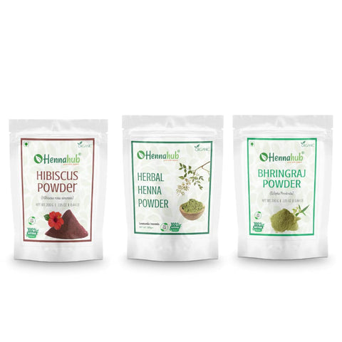HENNAHUB HIbiscus, Herbal Henna and Bhringraj powder 200g x 3 pack | Organic Hair care Combo Pack | Total 600 gm
