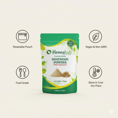 Hennahub Shatavari Powder (Food Grade) 100gm Pack | 100% Natural Asparagus racemosus Root Powder | Plant-Based Ingredient for Smoothies & Herbal Drinks