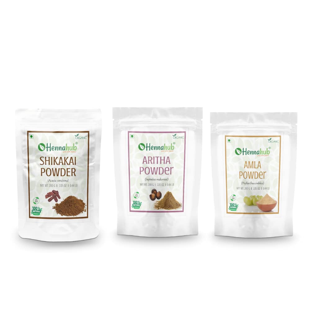 HENNAHUB Shikakai, Amla and Aritha powder 200g x 3 pack | Organic Hair care Combo Pack | Total 600 gm