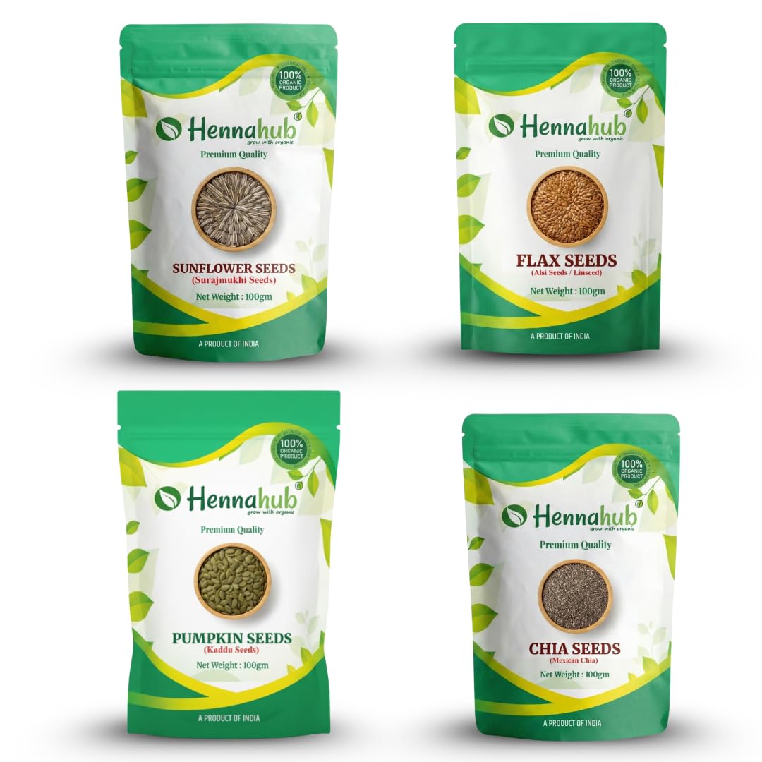 Hennahub Super Seeds Breakfast Mix | Pumpkin Seeds, Sunflower Seeds, Flax Seeds & Chia Seeds | 4 in 1 Combo | Pack of 4 x 100g Each | High Fibre & Protein