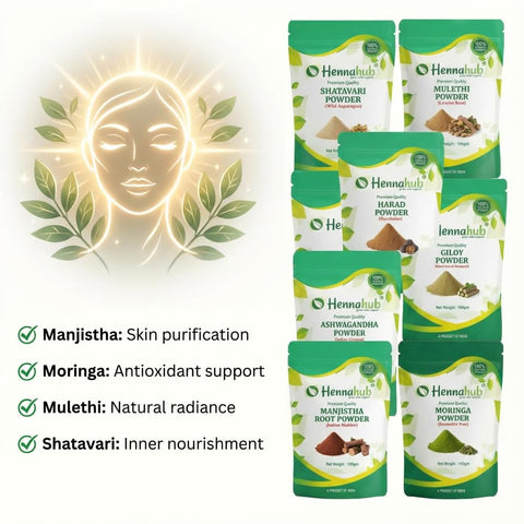Hennahub Women’s Hormone & Wellness Care Combo | Shatavari, Ashwagandha, Moringa, Manjistha, Mulethi, Giloy & Harad Powder | Pack of 7 × 100g | Hormone Balance, Skin Glow, Stress Relief & Immunity Support