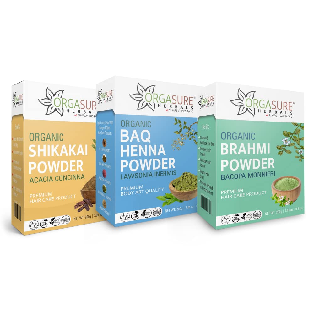 ORGASURE Shikakai, BAQ Henna and Brahmi powder 200g x 3 pack | Natural Hair care pack | Total 600 gm