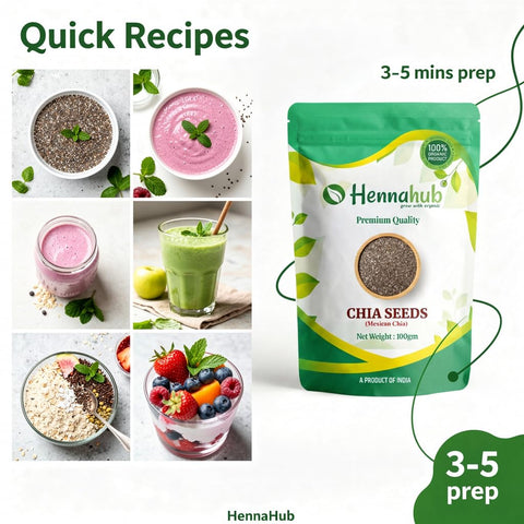 Hennahub Premium Chia Seeds 100g | Raw & Unroasted | Omega-3, Fibre & Protein-Rich Superfood | Gluten-Free Seeds for Smoothies, Puddings, Weight Loss, Salads & Daily Nutrition