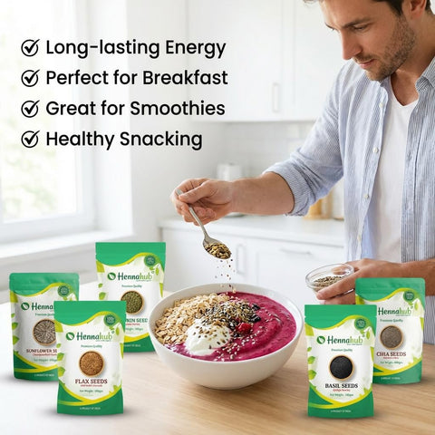 Hennahub 5-in-1 Super Seeds Power Combo | Pumpkin, Sunflower, Flax, Chia & Basil Seeds | Pack of 5 x 100g | Omega-Rich, High Protein, Fibre Loaded Superfood Mix for Healthy Breakfast & Snacking