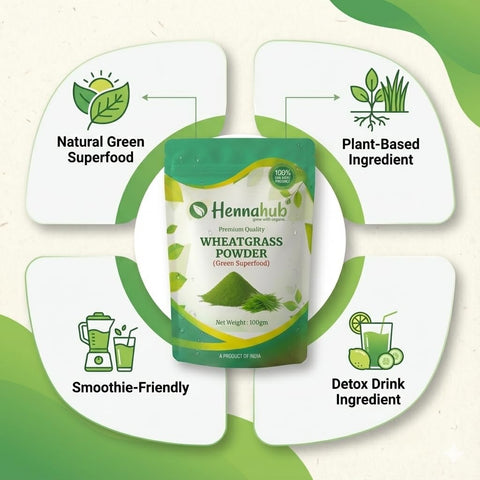 Hennahub Wheatgrass Powder 100gm (Food Grade) | Triticum aestivum / Gehun Ka Jawan Patta / Young Wheat Leaf Powder | Natural Green Superfood for Smoothies, Juices & Detox Drinks
