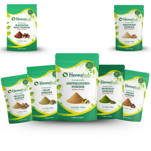 Hennahub Women’s Hormone & Wellness Care Combo | Shatavari, Ashwagandha, Moringa, Manjistha, Mulethi, Giloy & Harad Powder | Pack of 7 × 100g | Hormone Balance, Skin Glow, Stress Relief & Immunity Support