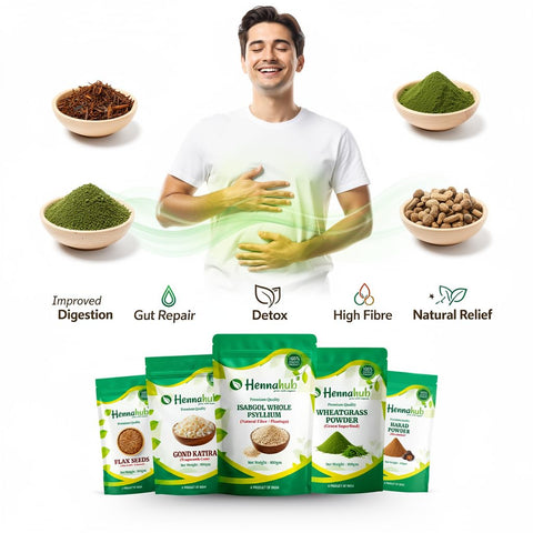 Hennahub Complete Digestive Wellness Combo | Isabgol Husk, Harad  and Wheatgrass Powder, Flax Seeds & Gond Katira | Pack of 5 × 100g | Gut Health, Digestion, Detox, Constipation Relief & Daily Fibre Support