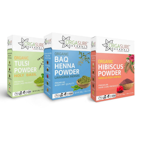 ORGASURE Tulsi, BAQ Henna and Hibiscus powder 200g x 3 pack | Natural Hair care pack | Total 600 gm