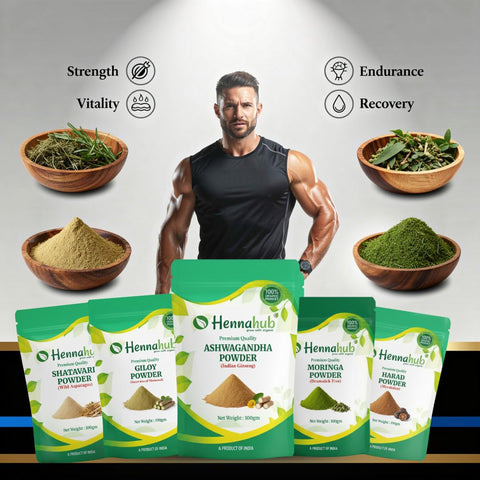 Hennahub Advanced Men’s Strength & Performance Combo | Ashwagandha, Safed Musli, Shatavari, Kaunch, Moringa, Giloy & Harad Powder | Pack of 7 × 100g | Stamina, Vitality, Muscle Support & Immunity Booster