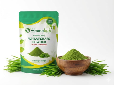 Hennahub Wheatgrass Powder 100gm (Food Grade) | Triticum aestivum / Gehun Ka Jawan Patta / Young Wheat Leaf Powder | Natural Green Superfood for Smoothies, Juices & Detox Drinks