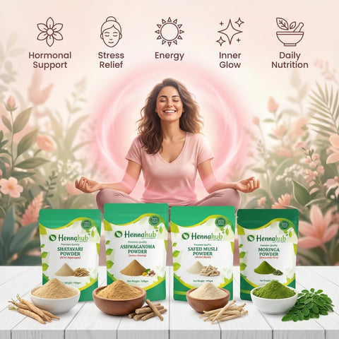 Hennahub Women’s Wellness & Hormone Support Combo | Shatavari, Ashwagandha, Safed Musli & Moringa Powder | Pack of 4 x 100g | Hormonal Balance, Energy, Strength & Daily Nutrition | 100% Ayurvedic