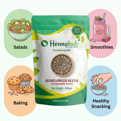 Hennahub Premium Sunflower Seeds 100g | Raw & Unroasted | Vitamin E, Protein & Fibre-Rich Superfood | Healthy Snacking, Baking, Salads & Breakfast Toppings | Gluten-Free Edible Seeds