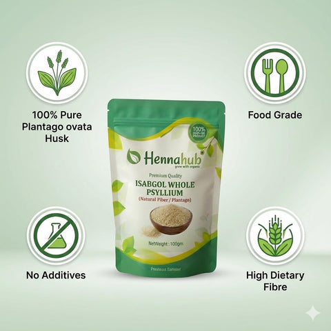 Hennahub Isabgol Bhusi 100gm (Food Grade) | Whole Psyllium Husk / Ispaghula / Plantago ovata Husk | Natural Dietary Fibre for Smoothies, Shakes & Daily Wellness Drinks