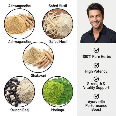 Hennahub Advanced Men’s Performance Combo | Ashwagandha, Safed Musli, Shatavari, Kaunch Beej & Moringa Powder | Pack of 5 x 100g | Strength, Energy, Vitality & Daily Nutrition | Ayurvedic Wellness Boost