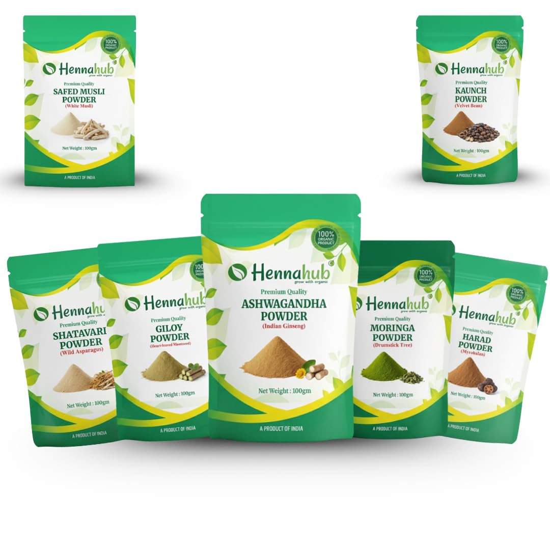 Hennahub Advanced Men’s Strength & Performance Combo | Ashwagandha, Safed Musli, Shatavari, Kaunch, Moringa, Giloy & Harad Powder | Pack of 7 × 100g | Stamina, Vitality, Muscle Support & Immunity Booster