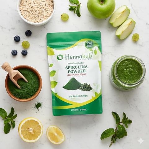 Hennahub Spirulina Powder (Food Grade) 100gm Pack  | Blue-Green Algae Superfood | Vegan Protein