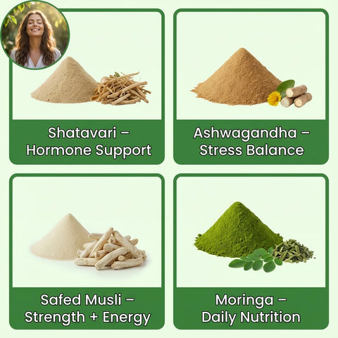 Hennahub Women’s Wellness & Hormone Support Combo | Shatavari, Ashwagandha, Safed Musli & Moringa Powder | Pack of 4 x 100g | Hormonal Balance, Energy, Strength & Daily Nutrition | 100% Ayurvedic