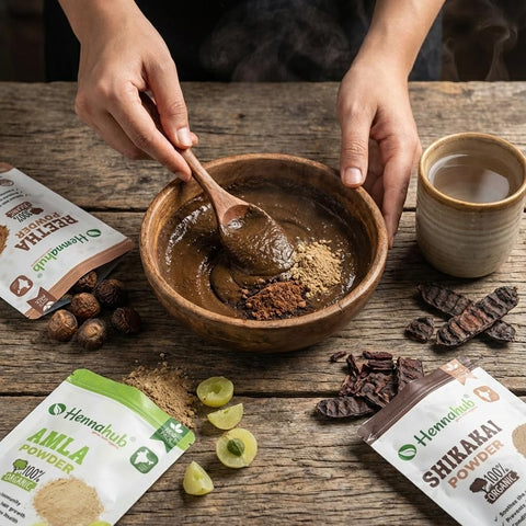 Hennahub Premium Hair Care Powder Combo Pack of 6 (600gm) | Amla, Reetha, Shikakai, Hibiscus, Bhringraj & Multani Mitti | Double Filtered 100gm Each | 100% Natural Herbal Hair Wash & Hair Mask with brush, gloves, shower cap