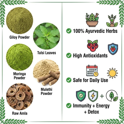 Hennahub Advanced Immunity Booster Combo | Giloy, Tulsi, Moringa, Mulethi Powder & Raw Dried Amla | Pack of 5 |  Energy, Antioxidants & Natural Immunity | Ayurvedic Wellness Pack