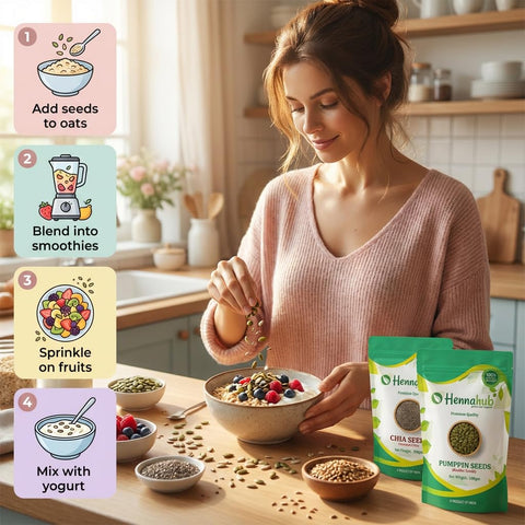 Hennahub Super Seeds Breakfast Mix | Pumpkin Seeds, Sunflower Seeds, Flax Seeds & Chia Seeds | 4 in 1 Combo | Pack of 4 x 100g Each | High Fibre & Protein