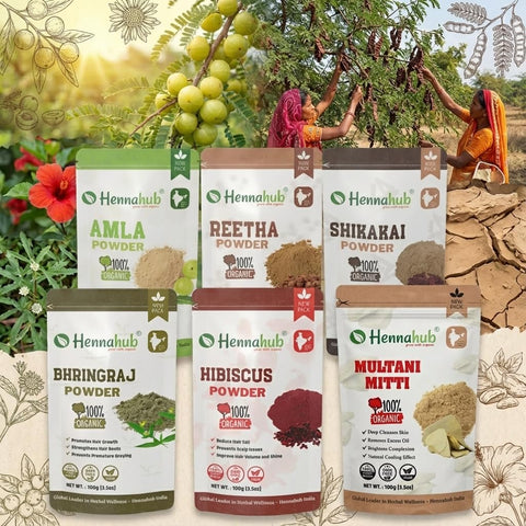 Hennahub Premium Hair Care Powder Combo Pack of 6 (600gm) | Amla, Reetha, Shikakai, Hibiscus, Bhringraj & Multani Mitti | Double Filtered 100gm Each | 100% Natural Herbal Hair Wash & Hair Mask with brush, gloves, shower cap