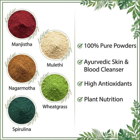 Hennahub Advanced Skin & Blood Detox Combo | Manjistha, Mulethi, Nagarmotha, Wheatgrass & Spirulina Powder | Pack of 5 × 100g | Skin Glow, Detox Cleanse, Immunity & Daily Nutrition | Ayurvedic Purifying Blend