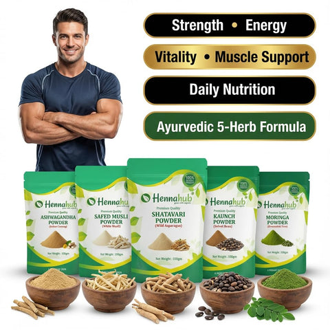Hennahub Advanced Men’s Performance Combo | Ashwagandha, Safed Musli, Shatavari, Kaunch Beej & Moringa Powder | Pack of 5 x 100g | Strength, Energy, Vitality & Daily Nutrition | Ayurvedic Wellness Boost