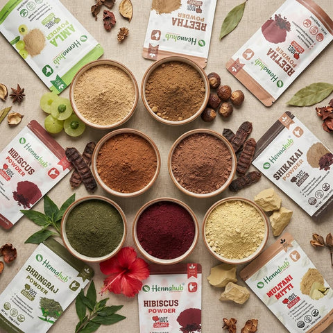 Hennahub Premium Hair Care Powder Combo Pack of 6 (600gm) | Amla, Reetha, Shikakai, Hibiscus, Bhringraj & Multani Mitti | Double Filtered 100gm Each | 100% Natural Herbal Hair Wash & Hair Mask with brush, gloves, shower cap