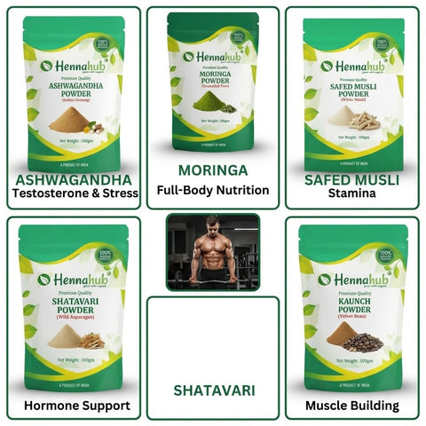 Hennahub Advanced Men’s Performance Combo | Ashwagandha, Safed Musli, Shatavari, Kaunch Beej & Moringa Powder | Pack of 5 x 100g | Strength, Energy, Vitality & Daily Nutrition | Ayurvedic Wellness Boost