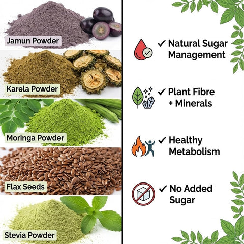 Hennahub Complete Sugar Care Combo | Jamun Powder, Karela Powder, Moringa Powder, Flax Seeds & Stevia (Powder | Pack of 5 | Blood Sugar Management, Metabolism & Weight Control | Ayurvedic Daily Support