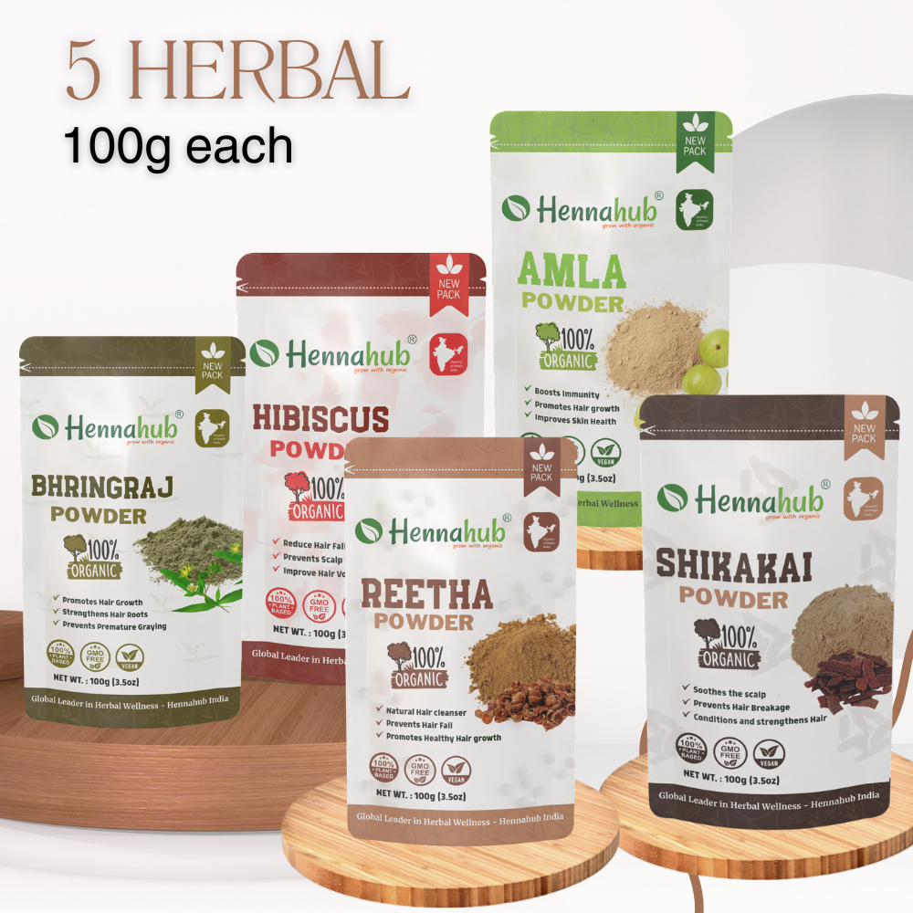 Hennahub Premium Amla, Reetha, Shikakai, Hibiscus, Bhringraj Powder Combo | Double Filter 100gm Each | Ultimate Natural Hair Care Pack of 5