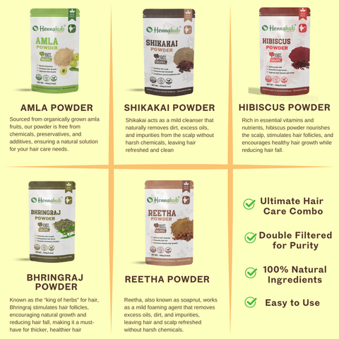 Hennahub Premium Amla, Reetha, Shikakai, Hibiscus, Bhringraj Powder Combo | Double Filter 100gm Each | Ultimate Natural Hair Care Pack of 5