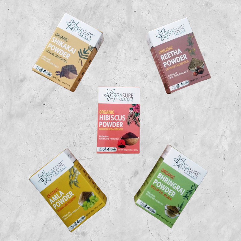 Amla, Reetha, Shikakai, Bhringraj and Hibiscus Powder for Hair Care - Combo Pack of 5 - Each 200g - hennahubstore