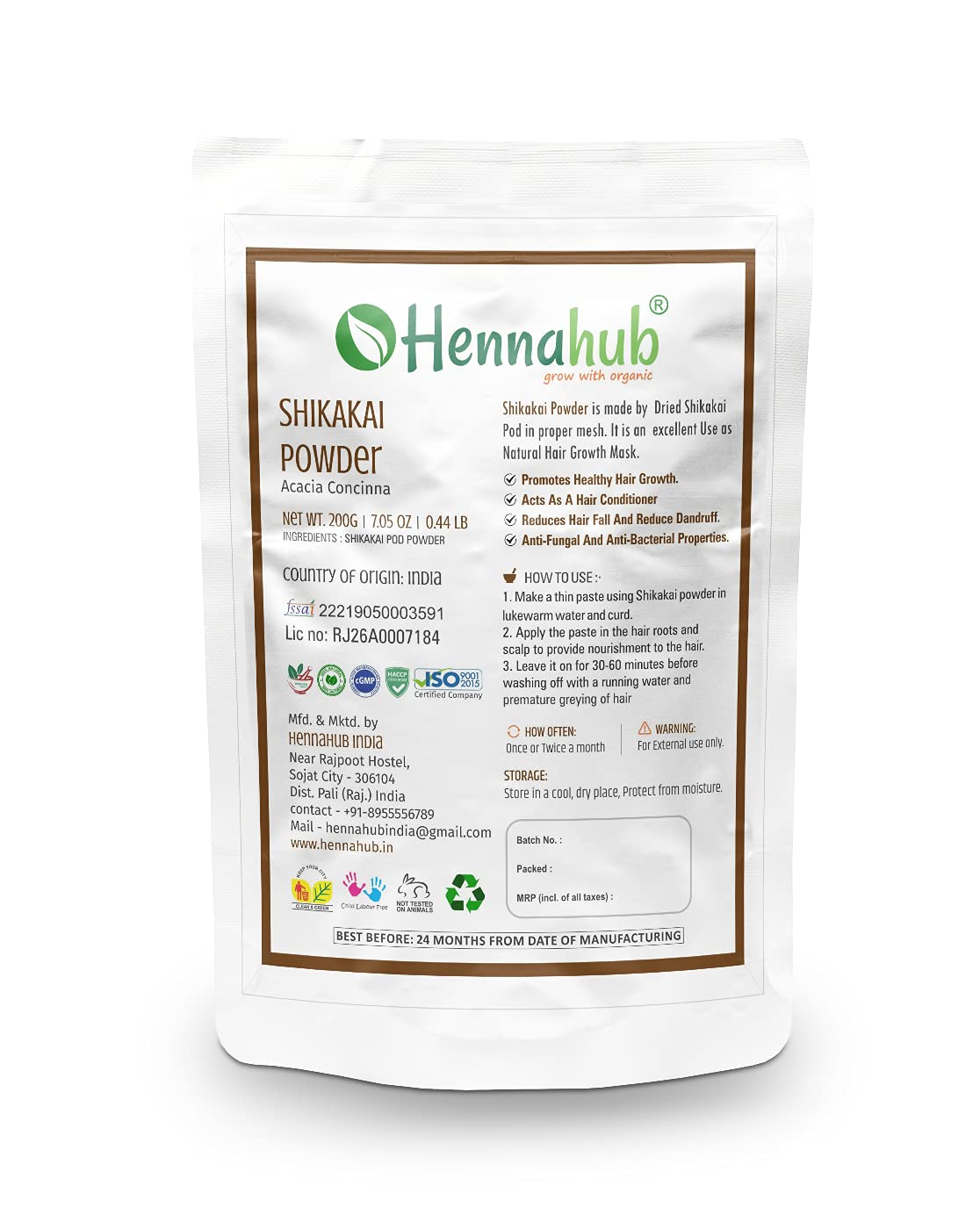 Organic Shikakai Powder for Hair care, 200gm - hennahubstore